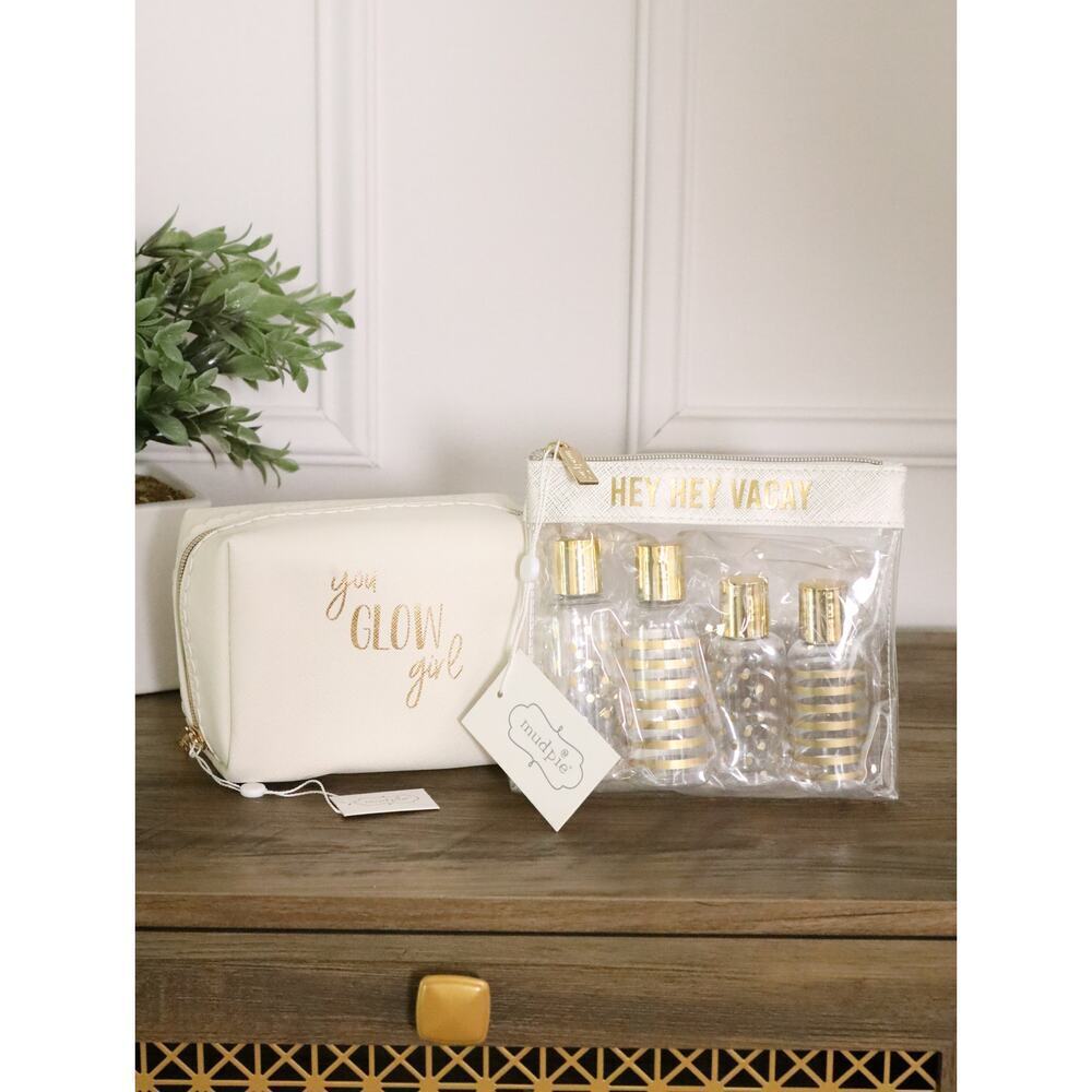 NWT Mud Pie Travel Bundle White “Hey Hey Vacay” Case + “You Glow Girl” Pouch